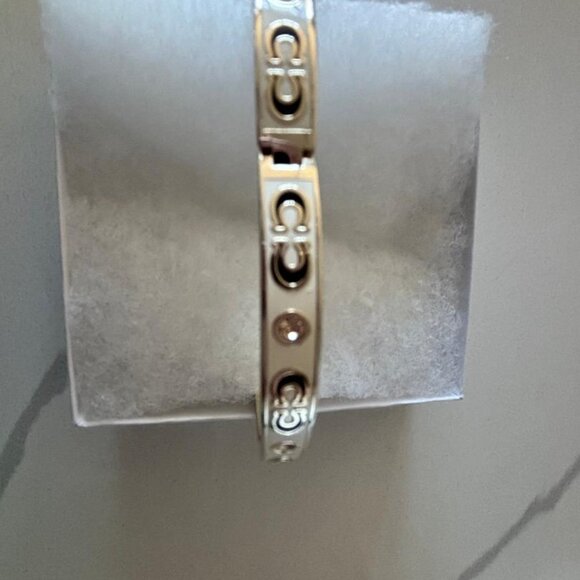 Coach Kissing C Hinged Bangle Bracelet Gold-Tone w/Cream Enamel, Crystal Accents - Picture 2 of 6